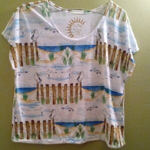 Womans XL Sun Bay Ocean Front Graphic Summery Beach Print Short Sleeve Tee